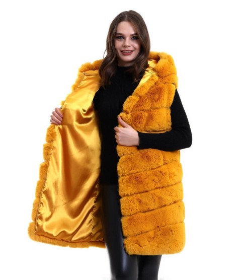 Kapşonlu Peluş Kürk Yelek Premium Kalite, Tam Astarlı, Uzun Model - Sarı Kapşonlu Peluş Kürk Yelek Premium Kalite, Tam Astarlı, Uzun Model - Sarı