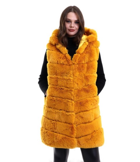 Kapşonlu Peluş Kürk Yelek Premium Kalite, Tam Astarlı, Uzun Model - Sarı Kapşonlu Peluş Kürk Yelek Premium Kalite, Tam Astarlı, Uzun Model - Sarı