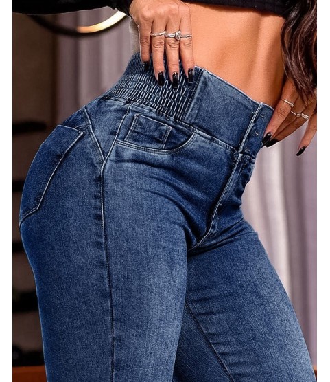 Kadın Yüksek Bel Yanları Lastik önü Düğmeli Kot Pantolon Kadın Yüksek Bel Yanları Lastik önü Düğmeli Kot Pantolon