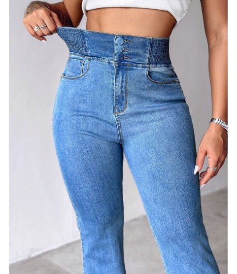 Kadın Yüksek Bel Yanları Lastik önü Düğmeli Kot Pantolon Kadın Yüksek Bel Yanları Lastik önü Düğmeli Kot Pantolon