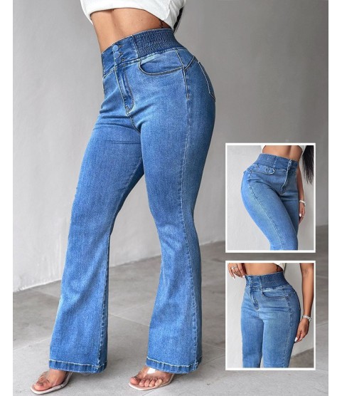 Kadın Yüksek Bel Yanları Lastik önü Düğmeli Kot Pantolon Kadın Yüksek Bel Yanları Lastik önü Düğmeli Kot Pantolon
