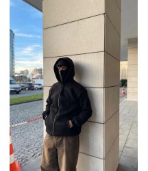 Samuray Ninja Çift Kapşonlu ZIP Fermuarlı Kanguru Çepli Tam Fermuarlı Hoodie Swetshirt - Siyah