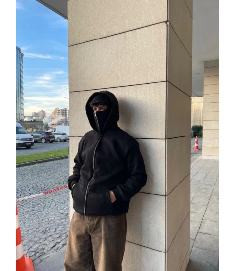 Samuray Ninja Çift Kapşonlu ZIP Fermuarlı Kanguru Çepli Tam Fermuarlı Hoodie Swetshirt - Siyah