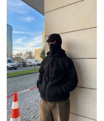Samuray Ninja Çift Kapşonlu ZIP Fermuarlı Kanguru Çepli Tam Fermuarlı Hoodie Swetshirt - Siyah