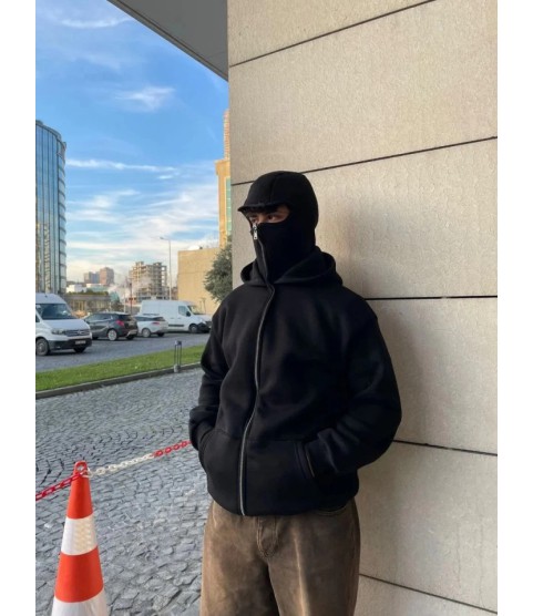 Samuray Ninja Çift Kapşonlu ZIP Fermuarlı Kanguru Çepli Tam Fermuarlı Hoodie Swetshirt - Siyah