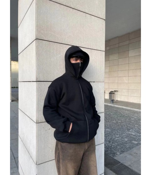 Samuray Ninja Çift Kapşonlu ZIP Fermuarlı Kanguru Çepli Tam Fermuarlı Hoodie Swetshirt - Siyah