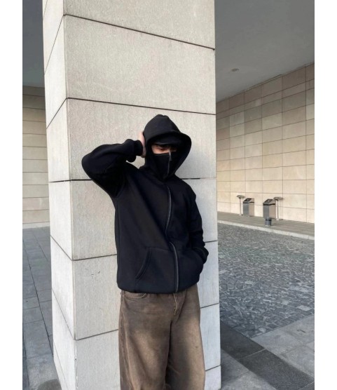 Samuray Ninja Çift Kapşonlu ZIP Fermuarlı Kanguru Çepli Tam Fermuarlı Hoodie Swetshirt - Siyah