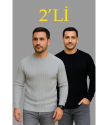 Erkek Fitilli Triko Kazak 2’li Set – Siyah - Gri, Kalın Dokuma Pamuklu Regular Fit Bisiklet Yaka Uzun Kollu Rahat Kışlık Kazak Kombini