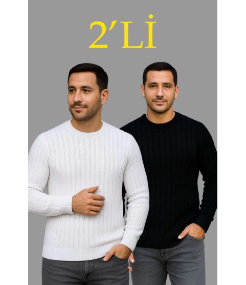 Erkek Fitilli Triko Kazak 2’li Set – Siyah - Beyaz, Kalın Dokuma Pamuklu Regular Fit Bisiklet Yaka Uzun Kollu Rahat Kışlık Kazak Kombini