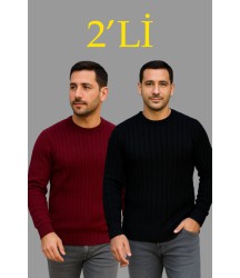 Erkek Fitilli Triko Kazak 2’li Set – Siyah - Bordo, Kalın Dokuma Pamuklu Regular Fit Bisiklet Yaka Uzun Kollu Rahat Kışlık Kazak Kombini