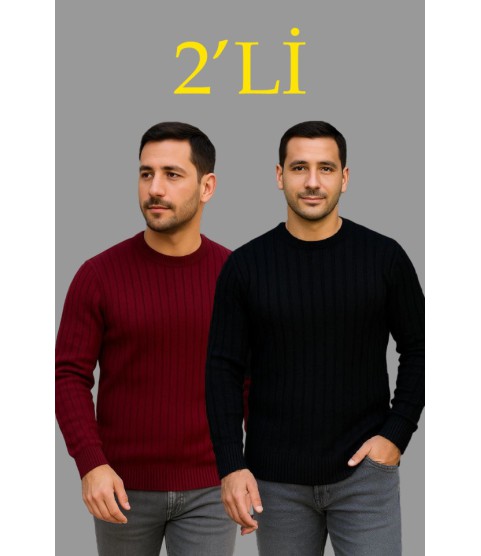 Erkek Fitilli Triko Kazak 2’li Set – Siyah - Bordo, Kalın Dokuma Pamuklu Regular Fit Bisiklet Yaka Uzun Kollu Rahat Kışlık Kazak Kombini