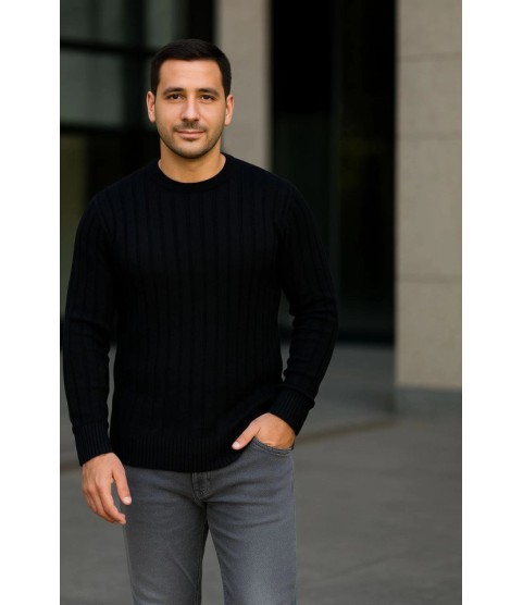 Erkek Fitilli Triko Kazak 2’li Set – Siyah - Bordo, Kalın Dokuma Pamuklu Regular Fit Bisiklet Yaka Uzun Kollu Rahat Kışlık Kazak Kombini