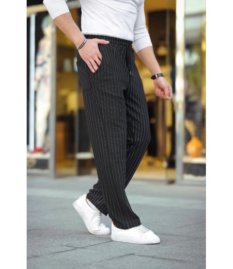 Erkek Cizgili Dokuma Krep Jogger Buggy Pantalon Rahat Kalıp - Siyah