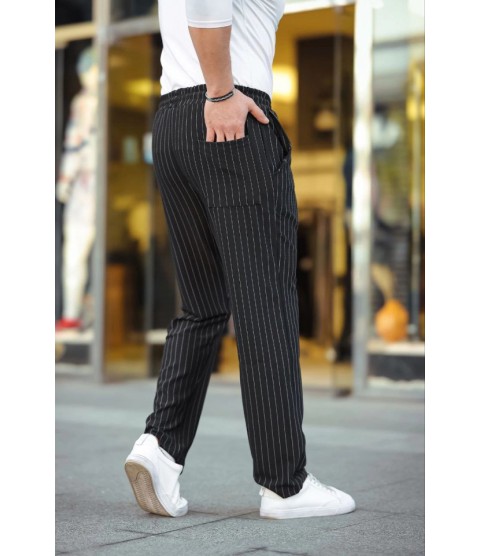 Erkek Cizgili Dokuma Krep Jogger Buggy Pantalon Rahat Kalıp - Siyah