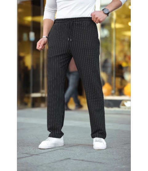Erkek Cizgili Dokuma Krep Jogger Buggy Pantalon Rahat Kalıp - Siyah