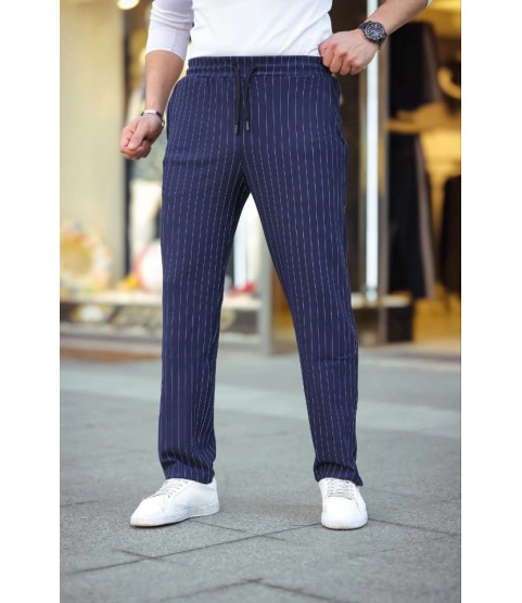 Erkek Cizgili Dokuma Krep Jogger Buggy Pantalon Rahat Kalıp - Lacivert