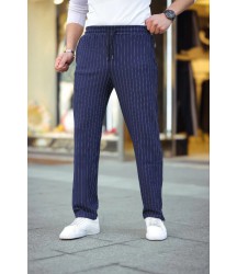 Erkek Cizgili Dokuma Krep Jogger Buggy Pantalon Rahat Kalıp - Lacivert