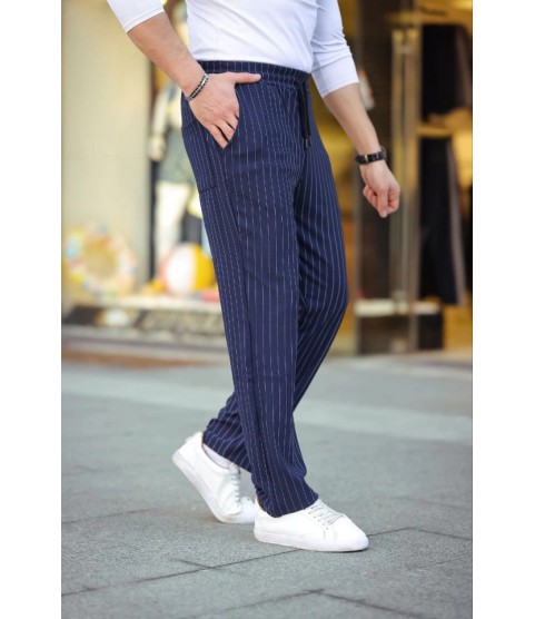 Erkek Cizgili Dokuma Krep Jogger Buggy Pantalon Rahat Kalıp - Lacivert