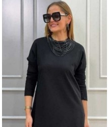 Kadın Uzun Kollu Bisiklet Yaka Etek Ucu Deri Dantelli Viskon Iki Iplik Midi Elbise