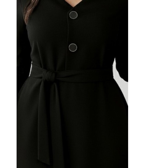 Kadın Uzun Kollu Düğme Detaylı Kendinden Kemerli Ithal Krep Elbise