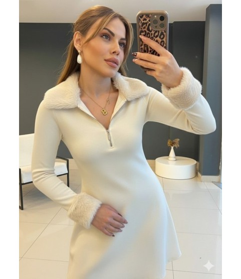 Kadın Uzun Kollu Kürk Yakalı Fermuarlı Mini Viskon Iki Iplik Elbise