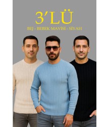 Erkek Fitilli Triko Kazak 3’lü Set – Bej, Bebek Mavisi, SiyahKalın Dokuma Pamuklu Regular Fit Bisiklet Yaka Uzun Kollu Kışlık Ve Baharlık Rahat Triko Kombini