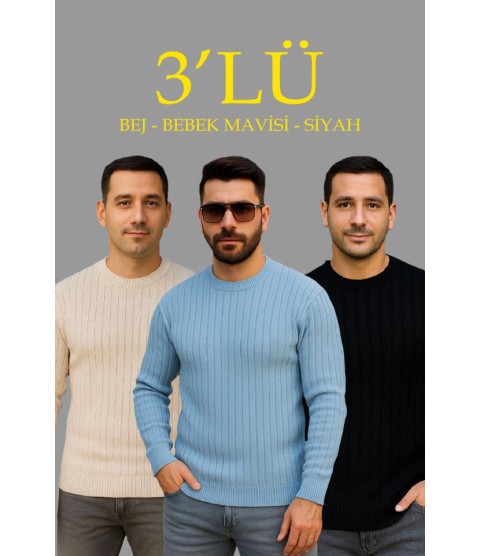 Erkek Fitilli Triko Kazak 3’lü Set – Bej, Bebek Mavisi, SiyahKalın Dokuma Pamuklu Regular Fit Bisiklet Yaka Uzun Kollu Kışlık Ve Baharlık Rahat Triko Kombini