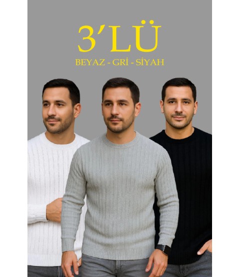 Erkek Fitilli Triko Kazak 3’lü Set – Beyaz, Gri, SiyahKalın Dokuma Pamuklu Regular Fit Bisiklet Yaka Uzun Kollu Kışlık Ve Baharlık Rahat Triko Kombini
