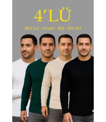 Erkek Fitilli Triko Kazak 4’lü Set – Beyaz, Haki, Bej, SiyahKalın Dokuma Pamuklu Regular Fit Bisiklet Yaka Uzun Kollu Kışlık Ve Baharlık Rahat Triko Kombini