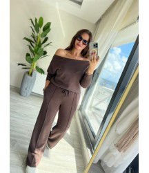 Kadın Uzun Kollu Tek Omuzdan Açık Modal Bluz Ve Pantolon Ikili Takım