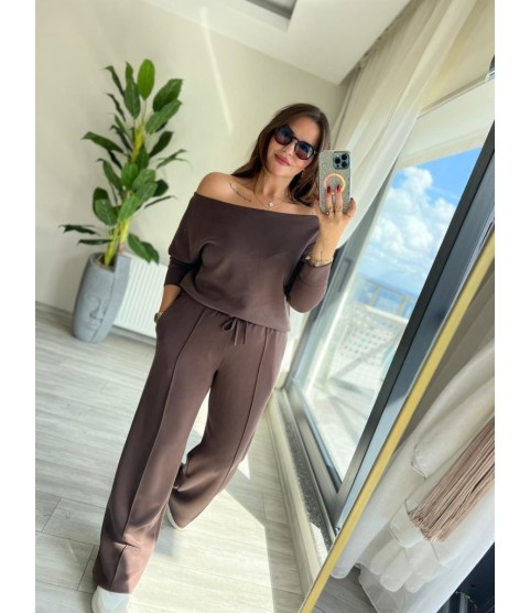 Kadın Uzun Kollu Tek Omuzdan Açık Modal Bluz Ve Pantolon Ikili Takım