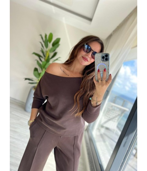 Kadın Uzun Kollu Tek Omuzdan Açık Modal Bluz Ve Pantolon Ikili Takım