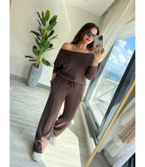 Kadın Uzun Kollu Tek Omuzdan Açık Modal Bluz Ve Pantolon Ikili Takım