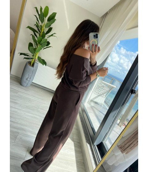 Kadın Uzun Kollu Tek Omuzdan Açık Modal Bluz Ve Pantolon Ikili Takım
