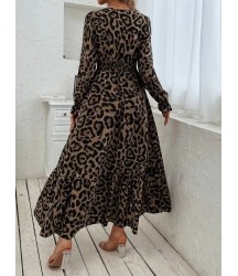 Kadın Uzun Kollu Kruvaze Yaka Leopar Desenli Uzun Süprem Elbise
