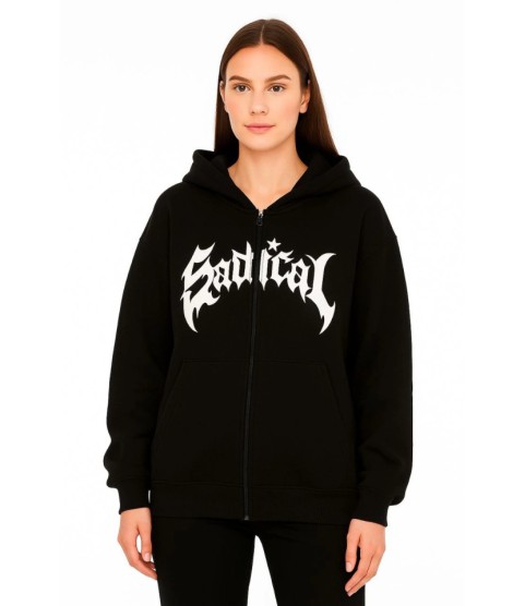 Oversize Kapüşonlu Sweatshirt  Hoodie 3 İplik Şardonlu Pamuklu Kumaş, Önü Baskılı, Fermuarlı Rahat Kalıp, Kışlık Ve Sokak Stili Sweat - Siyah