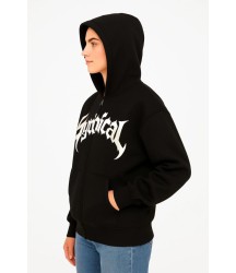 Oversize Kapüşonlu Sweatshirt  Hoodie 3 İplik Şardonlu Pamuklu Kumaş, Önü Baskılı, Fermuarlı Rahat Kalıp, Kışlık Ve Sokak Stili Sweat - Siyah