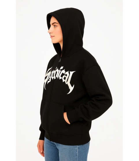 Oversize Kapüşonlu Sweatshirt Hoodie 3 İplik Şardonlu Pamuklu Kumaş, Önü Baskılı, Fermuarlı Rahat Kalıp, Kışlık Ve Sokak Stili Sweat - Siyah Oversize Kapüşonlu Sweatshirt Hoodie 3 İplik Şardonlu Pamuklu Kumaş, Önü Baskılı, Fermuarlı Rahat Kalıp, Kışlık Ve Sokak Stili Sweat - Siyah
