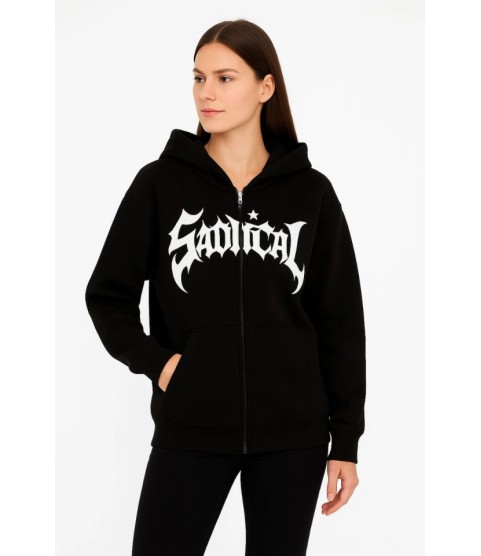 Oversize Kapüşonlu Sweatshirt Hoodie 3 İplik Şardonlu Pamuklu Kumaş, Önü Baskılı, Fermuarlı Rahat Kalıp, Kışlık Ve Sokak Stili Sweat - Siyah Oversize Kapüşonlu Sweatshirt Hoodie 3 İplik Şardonlu Pamuklu Kumaş, Önü Baskılı, Fermuarlı Rahat Kalıp, Kışlık Ve Sokak Stili Sweat - Siyah
