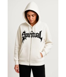 Oversize Kapüşonlu Sweatshirt Hoodie 3 İplik Şardonlu Pamuklu Kumaş, Önü Baskılı, Fermuarlı Rahat Kalıp, Kışlık Ve Sokak Stili Sweat - Beyaz