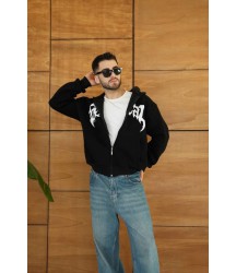 Erkek Kapüşonlu Sweatshirt  Hoodie 3 İplik Şardonlu Pamuklu Kumaş, Önü Baskılı, Fermuarlı Rahat Kalıp, Kışlık Ve Sokak Stili Sweat - Siyah