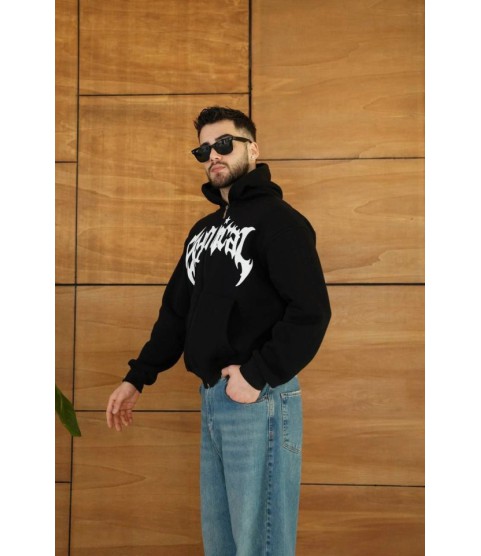 Erkek Kapüşonlu Sweatshirt Hoodie 3 İplik Şardonlu Pamuklu Kumaş, Önü Baskılı, Fermuarlı Rahat Kalıp, Kışlık Ve Sokak Stili Sweat - Siyah Erkek Kapüşonlu Sweatshirt Hoodie 3 İplik Şardonlu Pamuklu Kumaş, Önü Baskılı, Fermuarlı Rahat Kalıp, Kışlık Ve Sokak Stili Sweat - Siyah