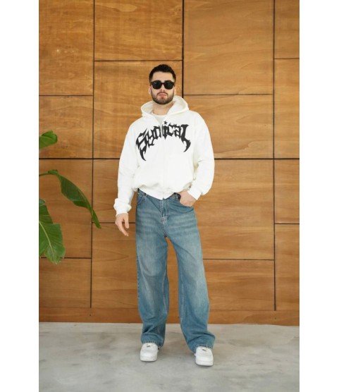 Erkek Kapüşonlu Sweatshirt Hoodie 3 İplik Şardonlu Pamuklu Kumaş, Önü Baskılı, Fermuarlı Rahat Kalıp, Kışlık Ve Sokak Stili Sweat - Beyaz Erkek Kapüşonlu Sweatshirt Hoodie 3 İplik Şardonlu Pamuklu Kumaş, Önü Baskılı, Fermuarlı Rahat Kalıp, Kışlık Ve Sokak Stili Sweat - Beyaz