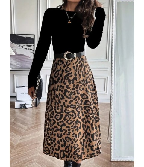 Kadın Uzun Kollu Bisiklet Yaka Ithal Krep Bluz Alt Desenli Modal Midi Elbise