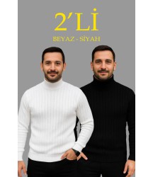 Erkek Fitilli Triko Kazak 2li Set Beyaz Siyah Regular Balıkcı Yaka Tam Boğazlı Triko Seti Modeli Kazak