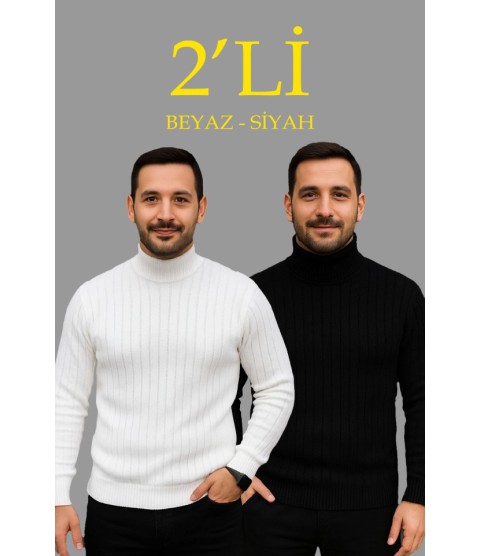 Erkek Fitilli Triko Kazak 2li Set Beyaz Siyah Regular Balıkcı Yaka Tam Boğazlı Triko Seti Modeli Kazak