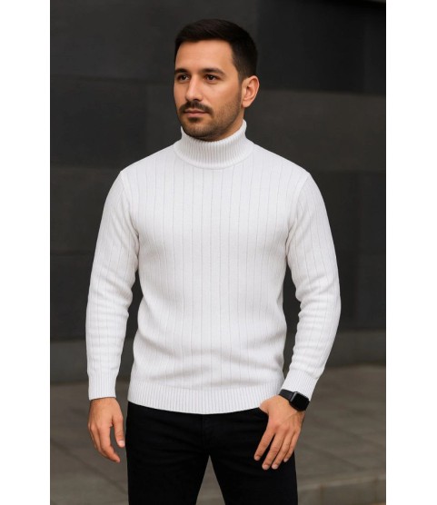 Erkek Fitilli Triko Kazak 2li Set Beyaz Siyah Regular Balıkcı Yaka Tam Boğazlı Triko Seti Modeli Kazak