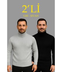 Erkek Fitilli Triko Kazak 2li Set Gri Siyah Regular Balıkcı Yaka Tam Boğazlı Triko Seti Modeli Kazak