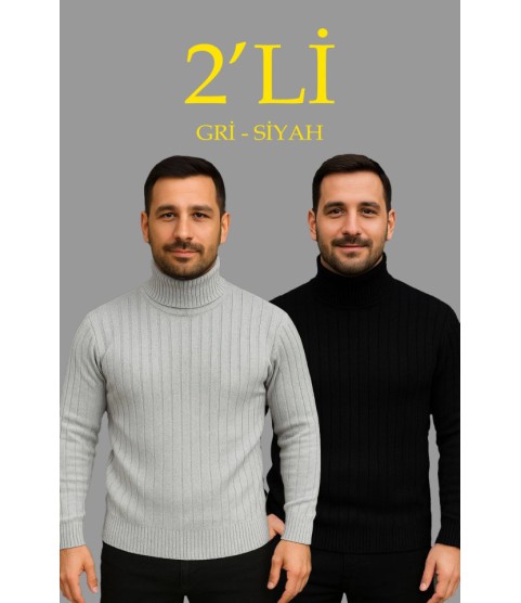 Erkek Fitilli Triko Kazak 2li Set Gri Siyah Regular Balıkcı Yaka Tam Boğazlı Triko Seti Modeli Kazak