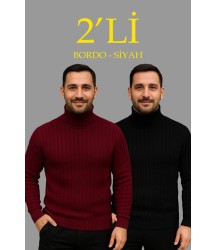 Erkek Fitilli Triko Kazak 2li Set Bordo Siyah Regular Balıkcı Yaka Tam Boğazlı Triko Seti Modeli Kazak